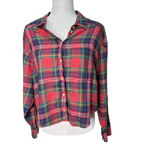 American Eagle Outfitters Tops - AMERICAN EAGLE Womens M  Red Plaid Elbow Patch Cropped Distressed Flannel Shirt